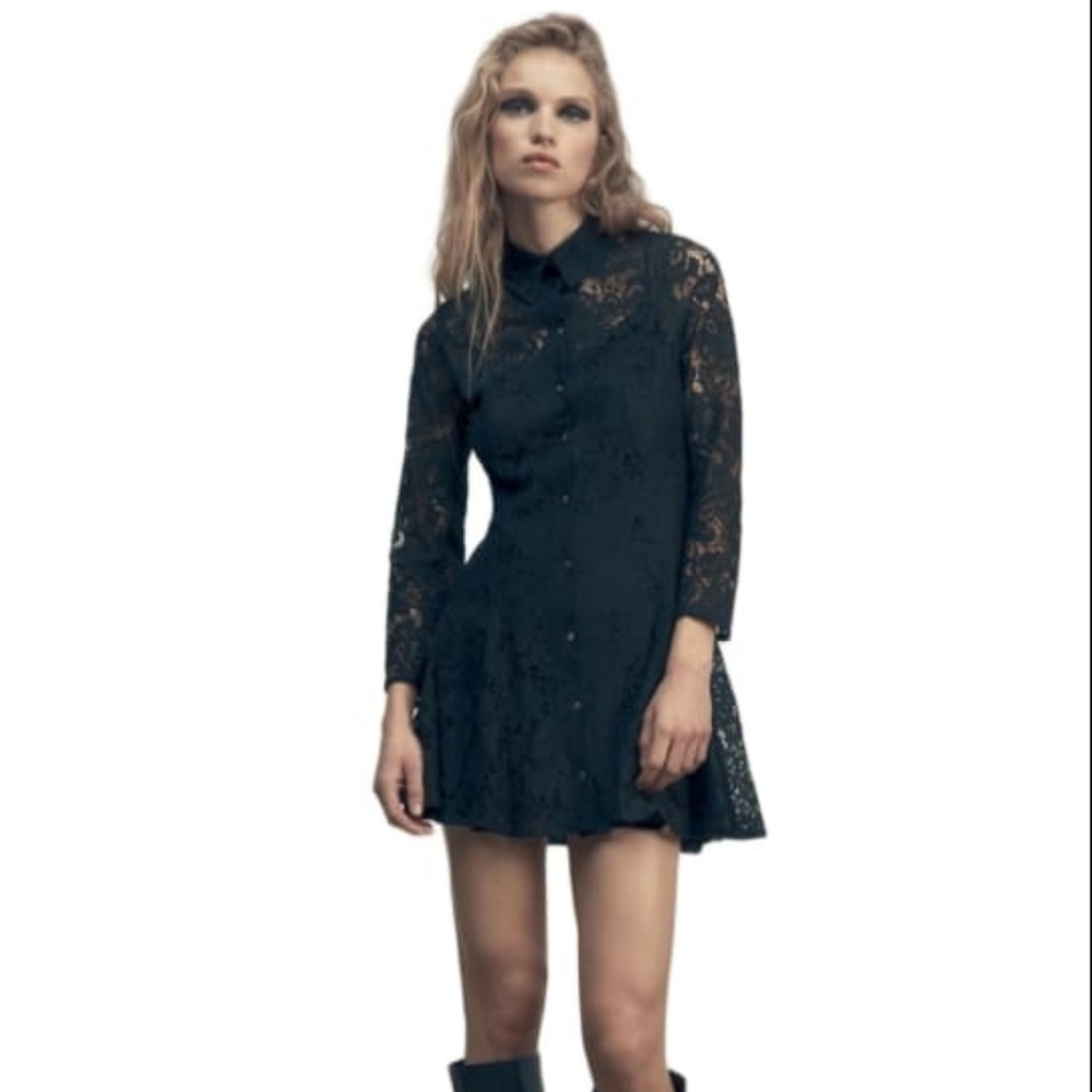 ZARA LACE MINI SHIRTDRESS BLACK | 2157/486 SIZE M